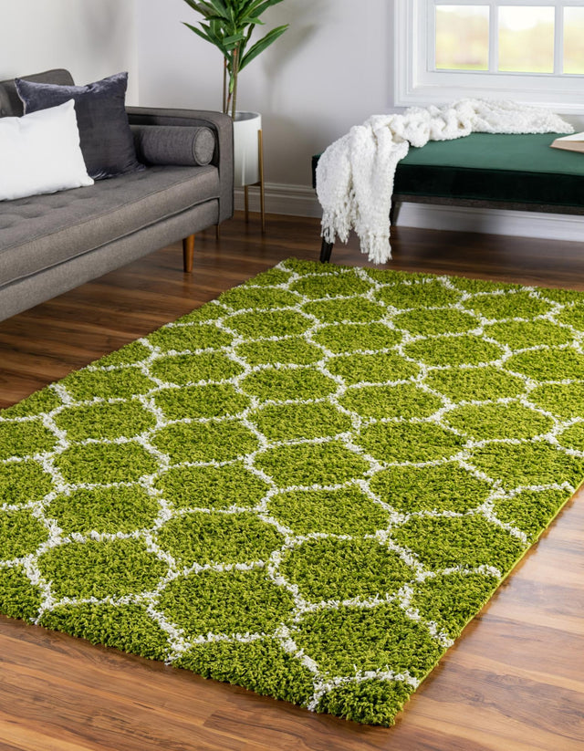 Green 5' 3 x 8' Trellis Shag Rectangle Area Rug Thick Soft Touch Fluffy & Plush Shaggy Pile Geometric Modern Unique Carpet for Home Interior Design for Sale at Rug Engine