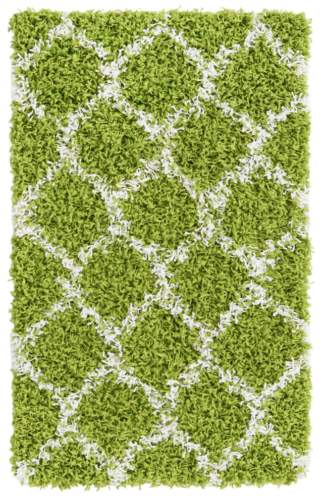 Green 2' x 3' Trellis Shag Rectangle Area Rug Thick Soft Touch Fluffy & Plush Shaggy Pile Geometric Modern Unique Carpet for Home Interior Design for Sale at Rug Engine