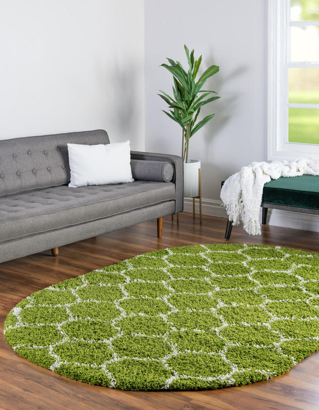 Green 5' 3 x 8' Trellis Shag Oval Area Rug Thick Soft Touch Fluffy & Plush Shaggy Pile Geometric Modern Unique Carpet for Home Interior Design for Sale at Rug Engine