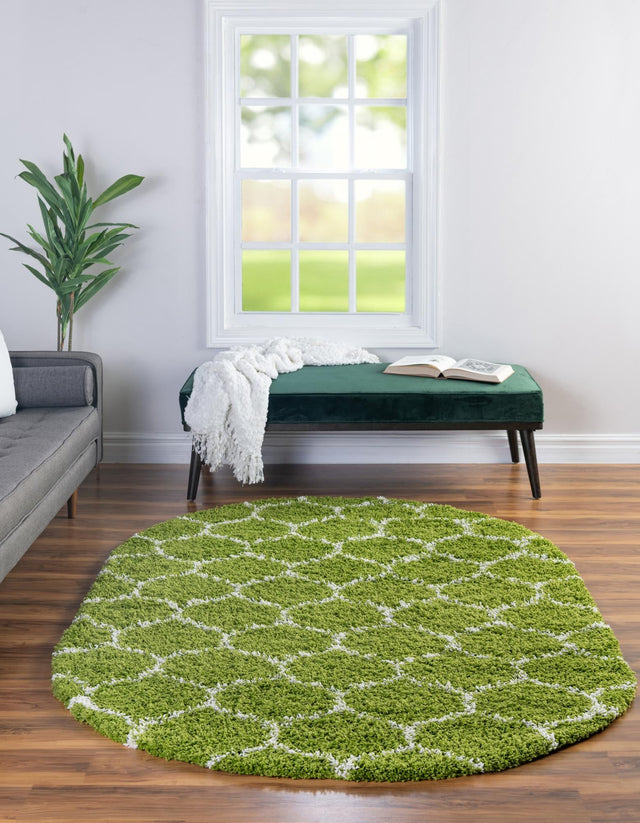 Green 7' 10 x 10' Trellis Shag Oval Area Rug Thick Soft Touch Fluffy & Plush Shaggy Pile Geometric Modern Unique Carpet for Home Interior Design for Sale at Rug Engine