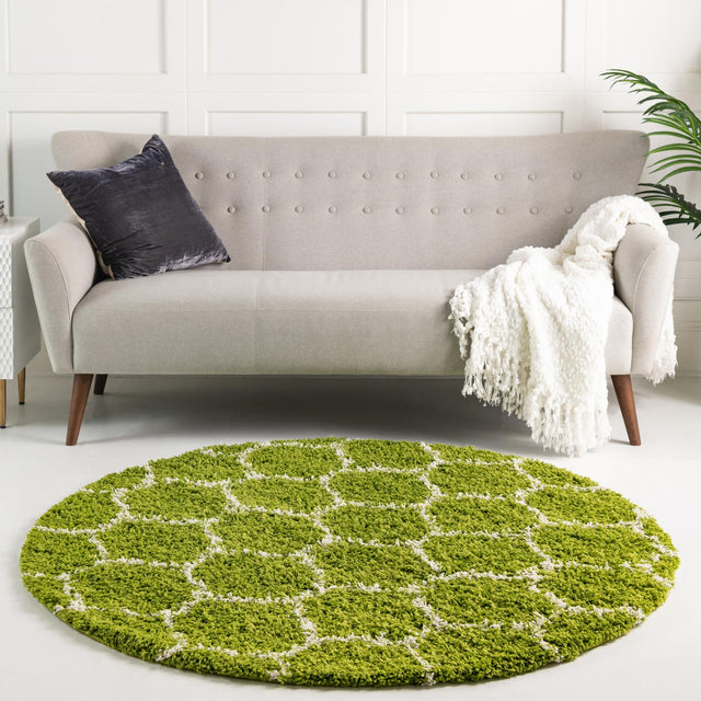Green 5' 3 x 5' 3 Trellis Shag Round Area Rug Thick Soft Touch Fluffy & Plush Shaggy Pile Geometric Modern Unique Carpet for Home Interior Design for Sale at Rug Engine