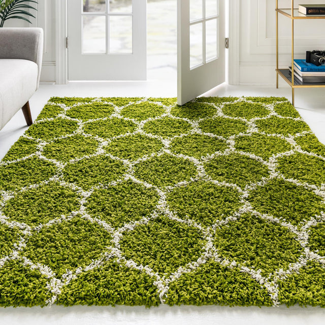 Green 10' x 10' Trellis Shag Square Area Rug Thick Soft Touch Fluffy & Plush Shaggy Pile Geometric Modern Unique Carpet for Home Interior Design for Sale at Rug Engine