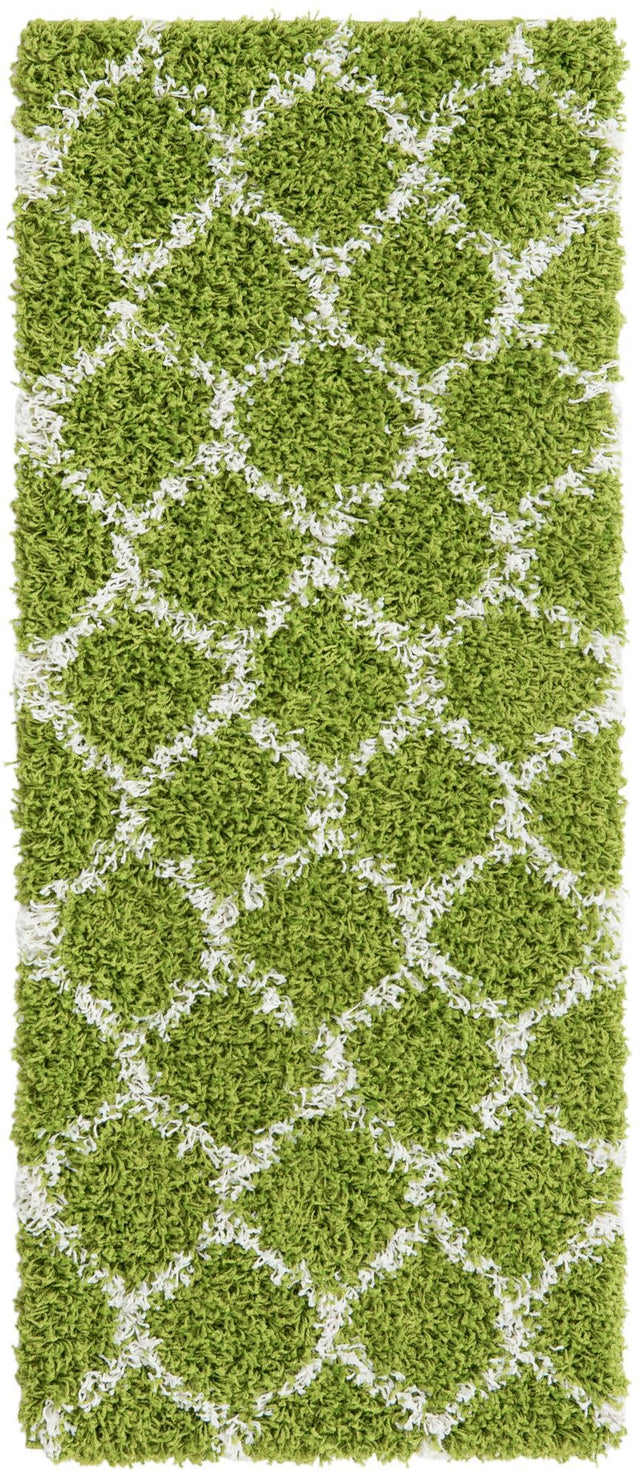 Green 2' x 5' Trellis Shag Runner Area Rug Thick Soft Touch Fluffy & Plush Shaggy Pile Geometric Modern Unique Carpet for Home Interior Design for Sale at Rug Engine