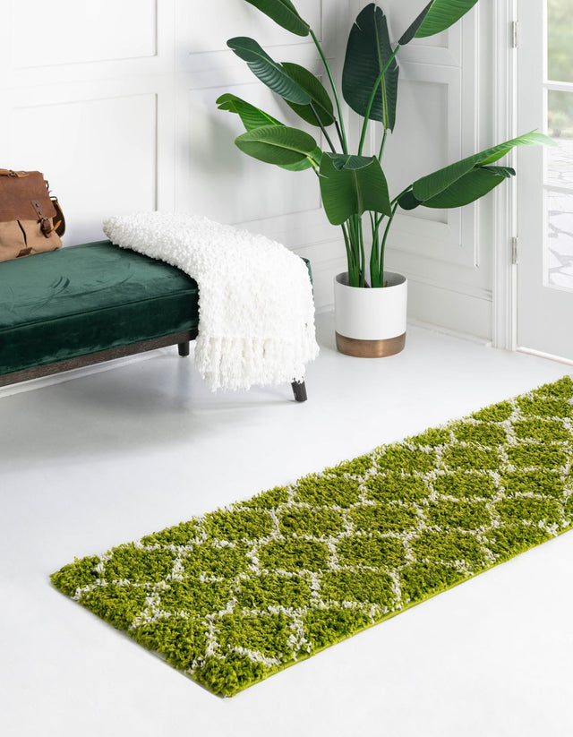 Green 2' x 8' Trellis Shag Runner Area Rug Thick Soft Touch Fluffy & Plush Shaggy Pile Geometric Modern Unique Carpet for Home Interior Design for Sale at Rug Engine