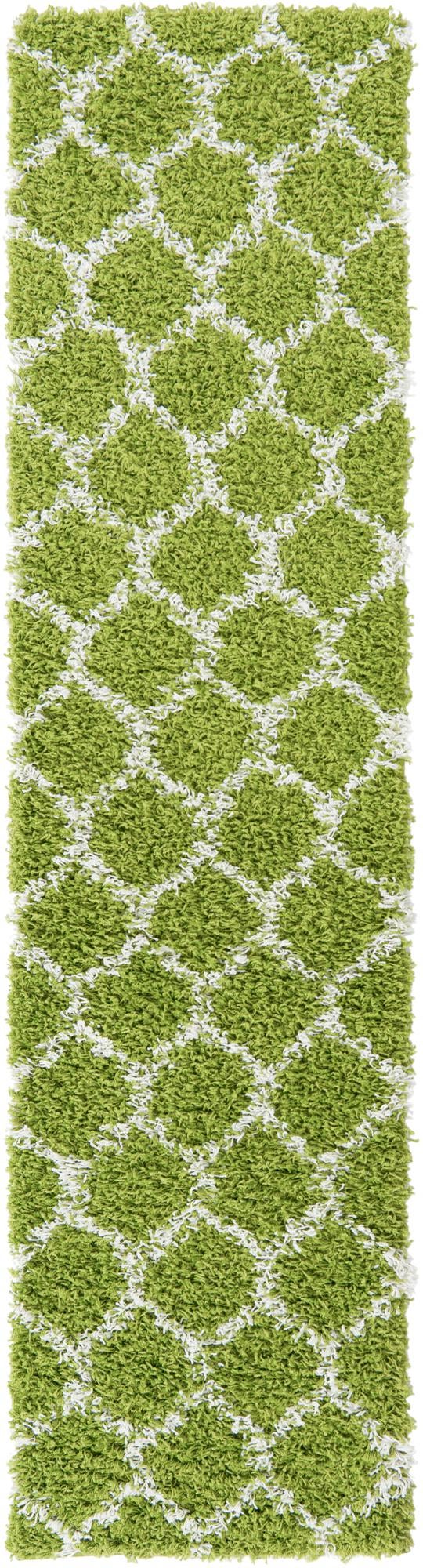 Green 2' x 8' Trellis Shag Runner Area Rug Thick Soft Touch Fluffy & Plush Shaggy Pile Geometric Modern Unique Carpet for Home Interior Design for Sale at Rug Engine