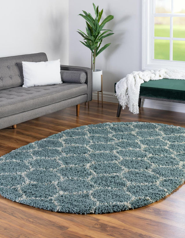 Light Blue 7' 10 x 10' Trellis Shag Oval Area Rug Thick Soft Touch Fluffy & Plush Shaggy Pile Geometric Modern Unique Carpet for Home Interior Design for Sale at Rug Engine