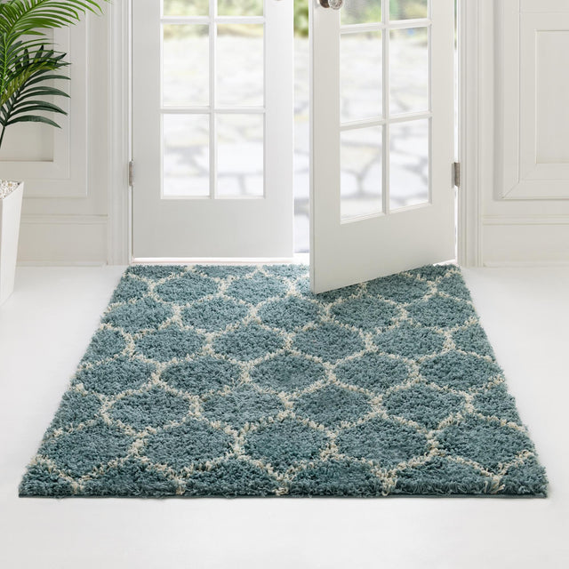 Light Blue 7' 10 x 7' 10 Trellis Shag Square Area Rug Thick Soft Touch Fluffy & Plush Shaggy Pile Geometric Modern Unique Carpet for Home Interior Design for Sale at Rug Engine
