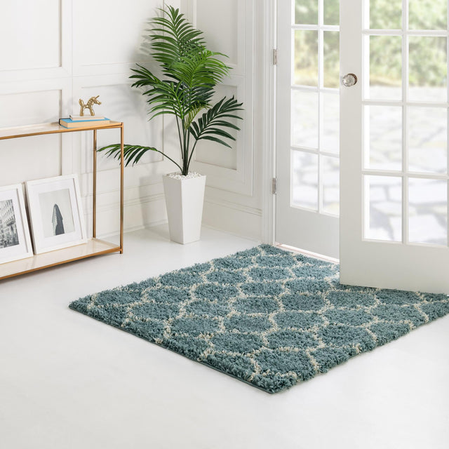 Light Blue 7' 10 x 7' 10 Trellis Shag Square Area Rug Thick Soft Touch Fluffy & Plush Shaggy Pile Geometric Modern Unique Carpet for Home Interior Design for Sale at Rug Engine