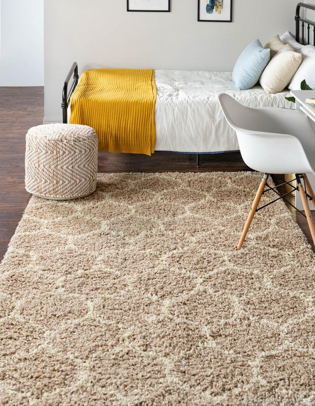 Light Brown 4' x 6' Trellis Shag Rectangle Area Rug Thick Soft Touch Fluffy & Plush Shaggy Pile Geometric Modern Unique Carpet for Home Interior Design for Sale at Rug Engine
