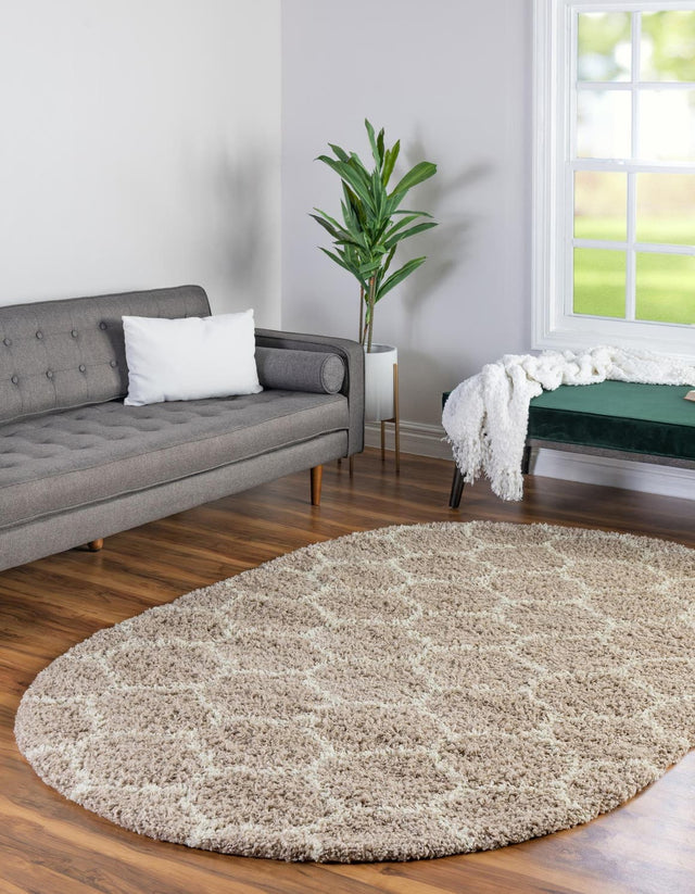 Light Brown 7' 10 x 10' Trellis Shag Oval Area Rug Thick Soft Touch Fluffy & Plush Shaggy Pile Geometric Modern Unique Carpet for Home Interior Design for Sale at Rug Engine