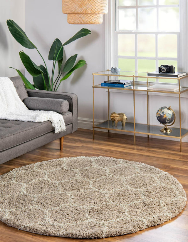 Light Brown 6' x 6' Trellis Shag Round Area Rug Thick Soft Touch Fluffy & Plush Shaggy Pile Geometric Modern Unique Carpet for Home Interior Design for Sale at Rug Engine