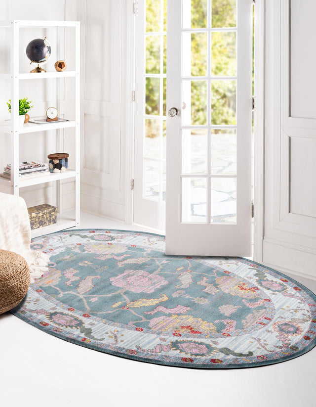 Gray and Blue 5' 5 x 8' Paragon Oval Area Rug 100% Polypropylene Colorful Vivid Boho Style Modern Carpet for Unique Interiors for Sale at Rug Engine