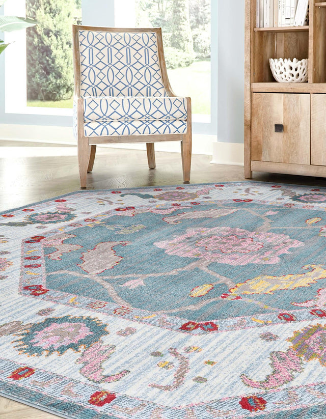 Gray and Blue 4' x 4' Paragon Octagon Area Rug 100% Polypropylene Colorful Vivid Boho Style Modern Carpet for Unique Interiors for Sale at Rug Engine