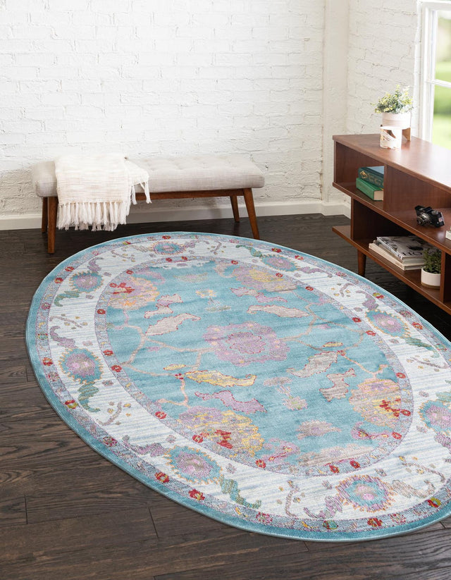 Aqua and Blue 5' 5 x 8' Paragon Oval Area Rug 100% Polypropylene Colorful Vivid Boho Style Modern Carpet for Unique Interiors for Sale at Rug Engine