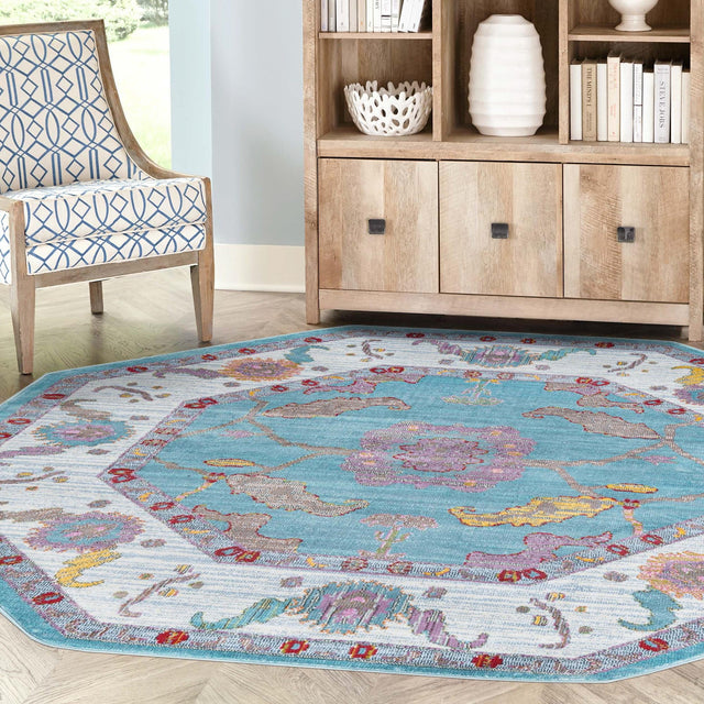 Aqua and Blue 6' x 6' Paragon Octagon Area Rug 100% Polypropylene Colorful Vivid Boho Style Modern Carpet for Unique Interiors for Sale at Rug Engine