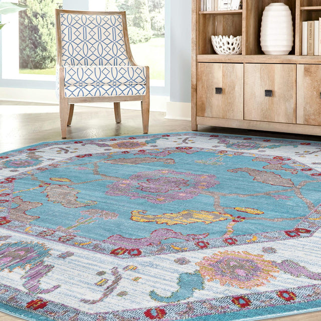 Aqua and Blue 4' x 4' Paragon Octagon Area Rug 100% Polypropylene Colorful Vivid Boho Style Modern Carpet for Unique Interiors for Sale at Rug Engine