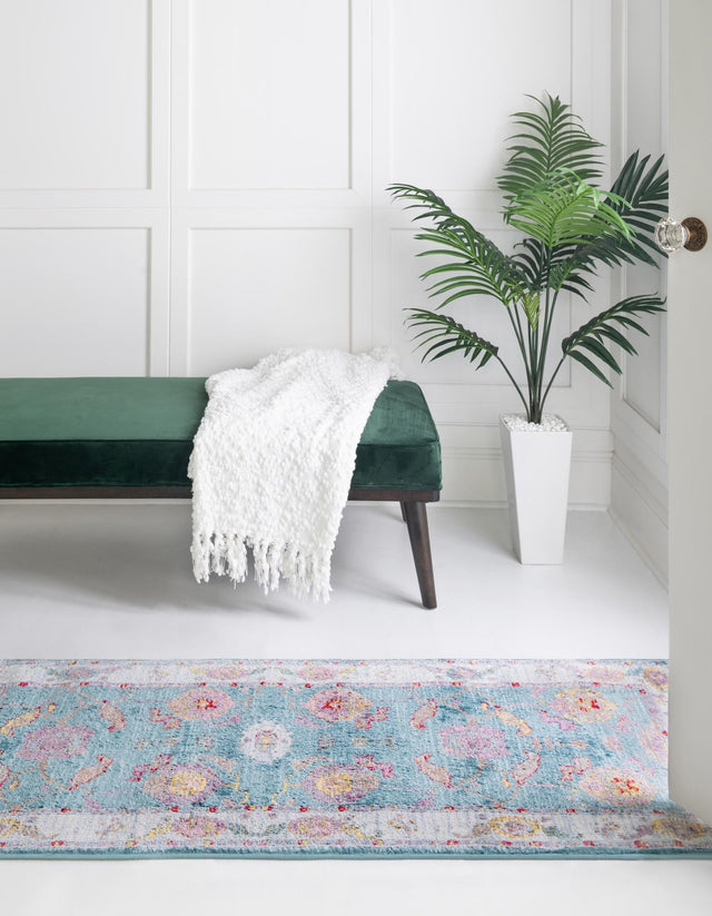 Aqua and Blue 2' 7 x 12' Paragon Runner Area Rug 100% Polypropylene Colorful Vivid Boho Style Modern Carpet for Unique Interiors for Sale at Rug Engine