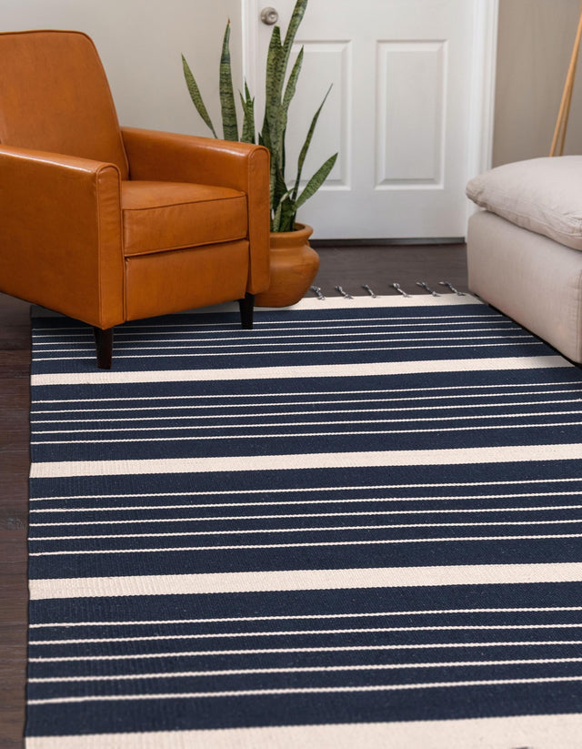 Navy and White 4' 1 x 6' 1 Chindi Cotton Rectangle Area Rug Interior Design Home Decor Carpet Mat for Sale at Rug Engine