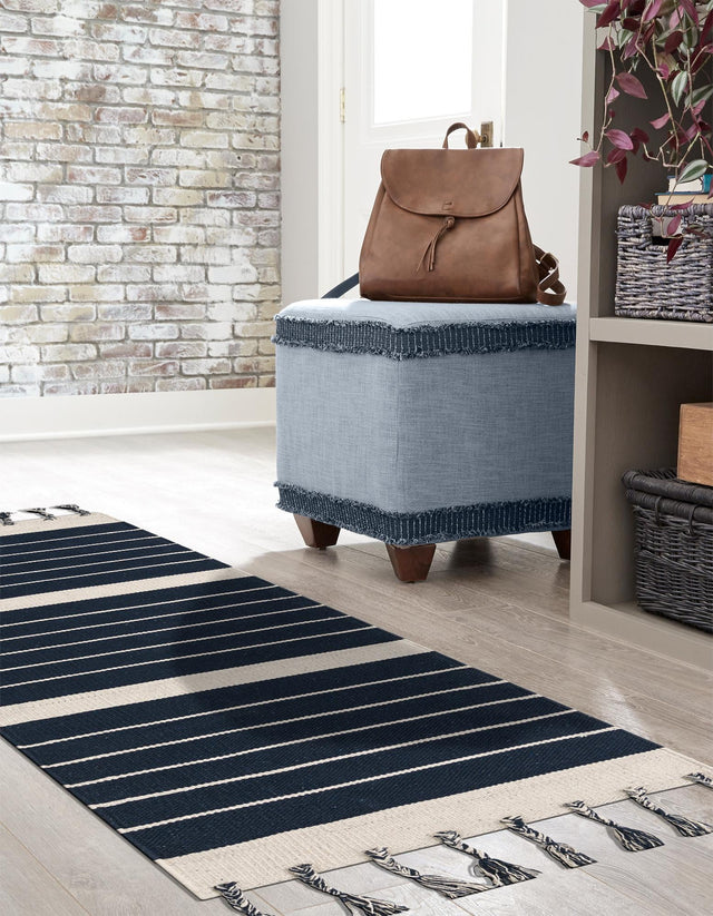 Navy and White 2' 7 x 10' Chindi Cotton Runner Area Rug Interior Design Home Decor Carpet Mat for Sale at Rug Engine
