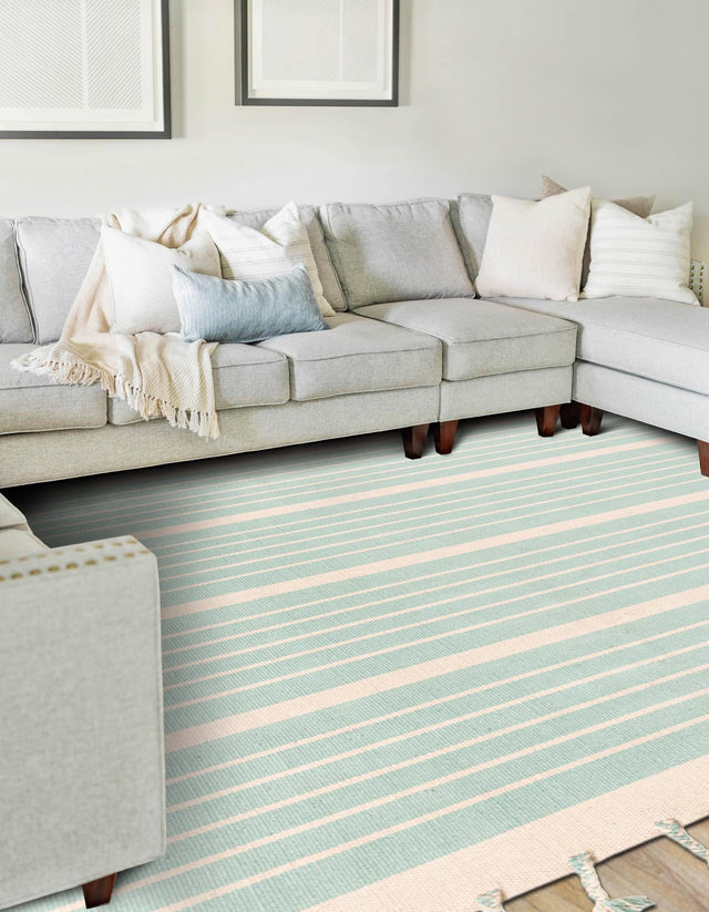 Aqua and White 9' x 12' Chindi Cotton Rectangle Area Rug Interior Design Home Decor Carpet Mat for Sale at Rug Engine