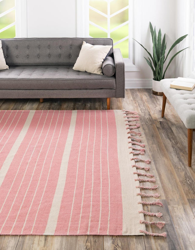Pink and White 7' 1 x 7' 1 Chindi Cotton Square Area Rug Interior Design Home Decor Carpet Mat for Sale at Rug Engine