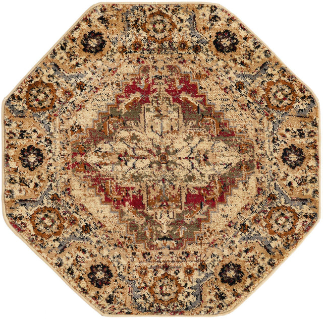 Burgundy Beige 3' 1 x 3' 1 Saturn Octagon Area Rug Stain Resistant Easy Clean Classic Vintage Design Durable Carpet for Affordable Home Interiors for Sale at Rug Engine