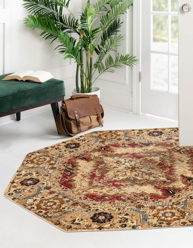 Burgundy Beige 3' 1 x 3' 1 Saturn Octagon Area Rug Stain Resistant Easy Clean Classic Vintage Design Durable Carpet for Affordable Home Interiors for Sale at Rug Engine