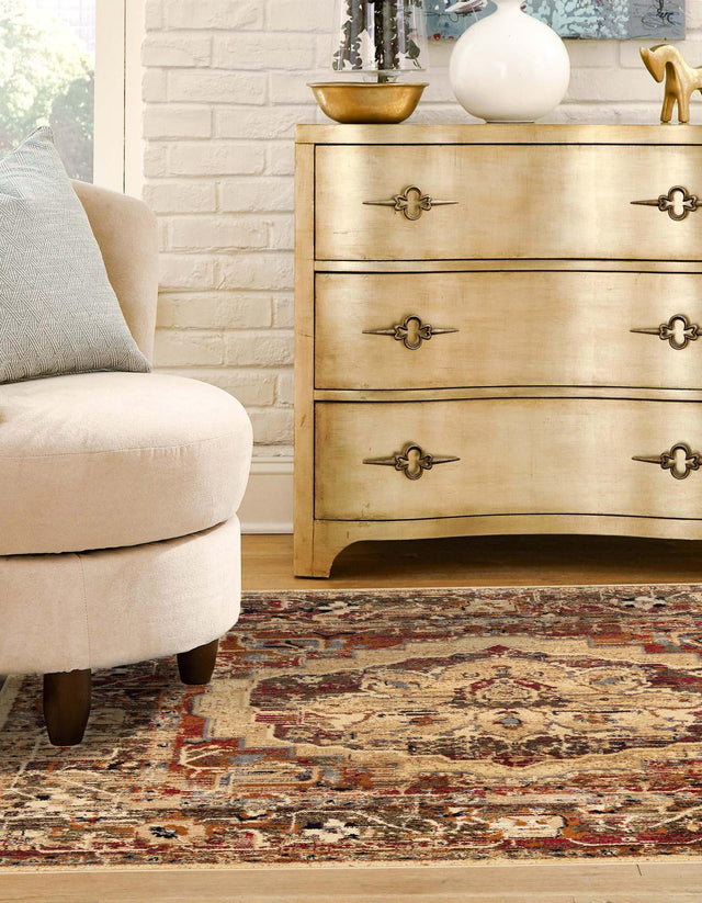 Cream 5' 3 x 5' 3 Saturn Square Area Rug Stain Resistant Easy Clean Classic Vintage Design Durable Carpet for Affordable Home Interiors for Sale at Rug Engine