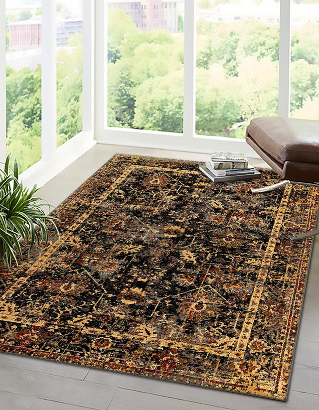 Black 6' 1 x 9' Saturn Rectangle Area Rug Stain Resistant Easy Clean Classic Vintage Design Durable Carpet for Affordable Home Interiors for Sale at Rug Engine