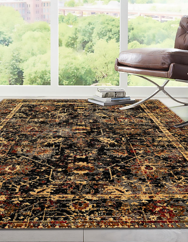 Black 6' 1 x 9' Saturn Rectangle Area Rug Stain Resistant Easy Clean Classic Vintage Design Durable Carpet for Affordable Home Interiors for Sale at Rug Engine