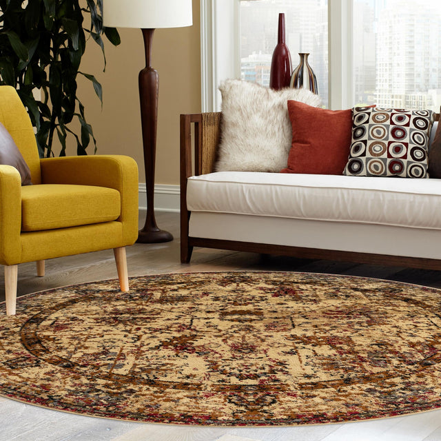 Beige Cream 7' 1 x 7' 1 Saturn Round Area Rug Stain Resistant Easy Clean Classic Vintage Design Durable Carpet for Affordable Home Interiors for Sale at Rug Engine