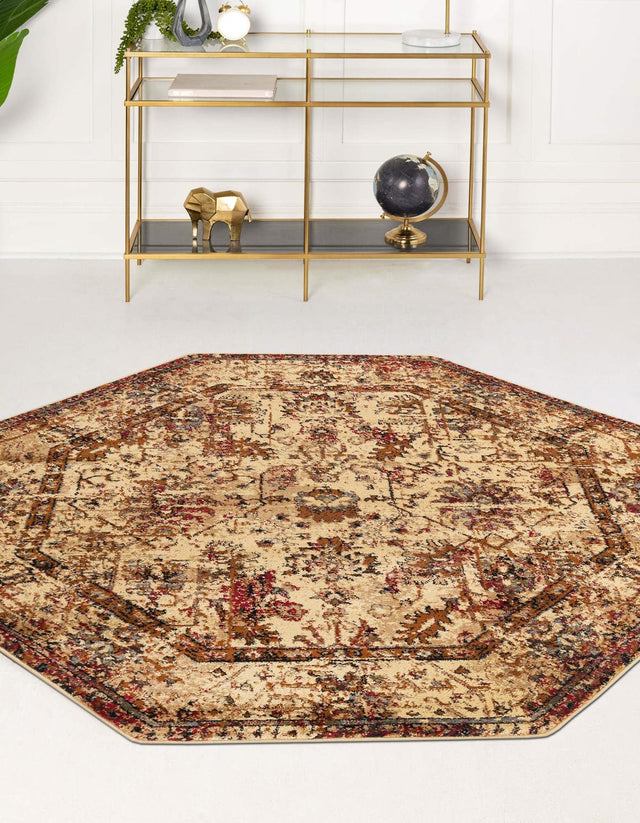 Beige Cream 7' 10 x 7' 10 Saturn Octagon Area Rug Stain Resistant Easy Clean Classic Vintage Design Durable Carpet for Affordable Home Interiors for Sale at Rug Engine