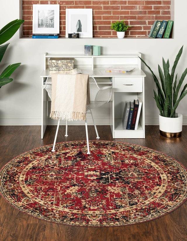 Burgundy 3' 1 x 3' 1 Saturn Round Area Rug Stain Resistant Easy Clean Classic Vintage Design Durable Carpet for Affordable Home Interiors for Sale at Rug Engine
