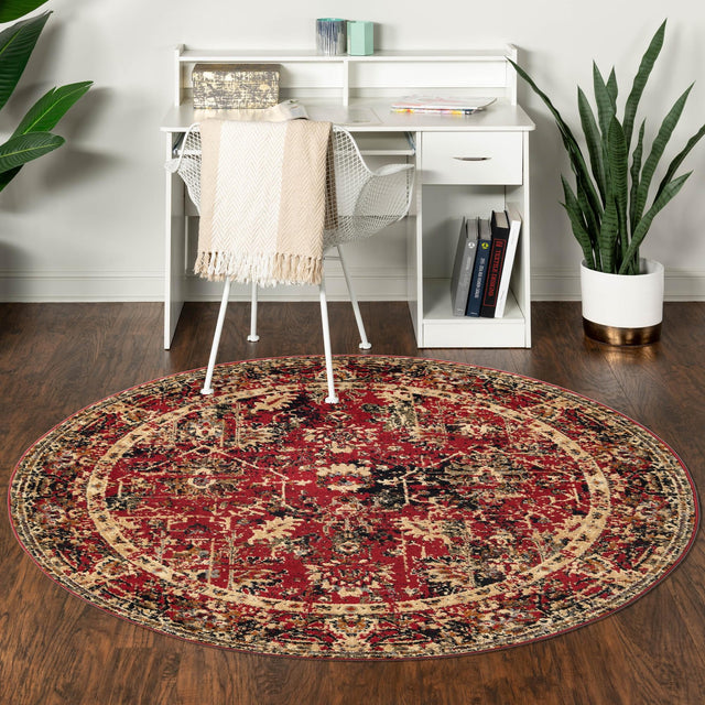 Burgundy 7' 1 x 7' 1 Saturn Round Area Rug Stain Resistant Easy Clean Classic Vintage Design Durable Carpet for Affordable Home Interiors for Sale at Rug Engine