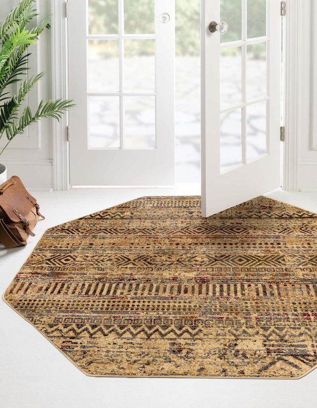 Beige 5' 3 x 5' 3 Saturn Octagon Area Rug Stain Resistant Easy Clean Classic Vintage Design Durable Carpet for Affordable Home Interiors for Sale at Rug Engine