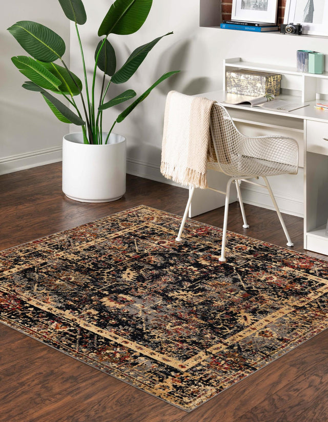 Black 7' 10 x 7' 10 Saturn Square Area Rug Stain Resistant Easy Clean Classic Vintage Design Durable Carpet for Affordable Home Interiors for Sale at Rug Engine
