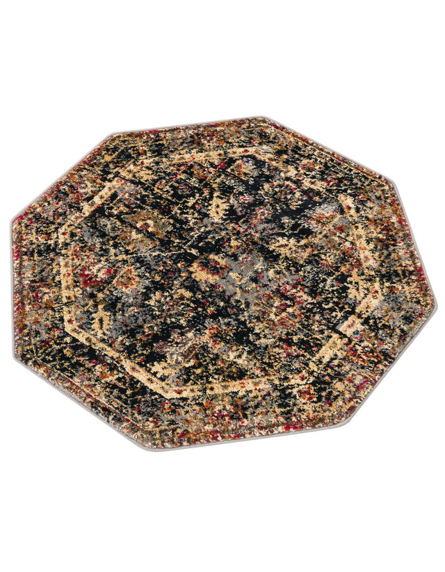 Black 3' 1 x 3' 1 Saturn Octagon Area Rug Stain Resistant Easy Clean Classic Vintage Design Durable Carpet for Affordable Home Interiors for Sale at Rug Engine