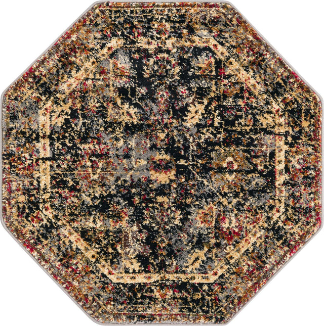 Black 3' 1 x 3' 1 Saturn Octagon Area Rug Stain Resistant Easy Clean Classic Vintage Design Durable Carpet for Affordable Home Interiors for Sale at Rug Engine