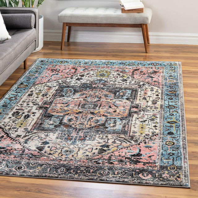 Washable Powder Blue 6' 7 x 9' Medina Rectangle Area Rug Easy to Clean Stain Resistant & Durable Polyester Classic Carpet for Home Decor & Design for Sale at Rug Engine