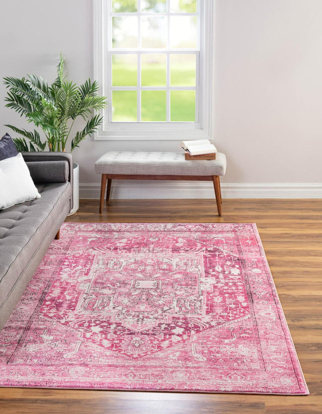 Washable Plumrose Pink 6' 7 x 9' Medina Rectangle Area Rug Easy to Clean Stain Resistant & Durable Polyester Classic Carpet for Home Decor & Design for Sale at Rug Engine