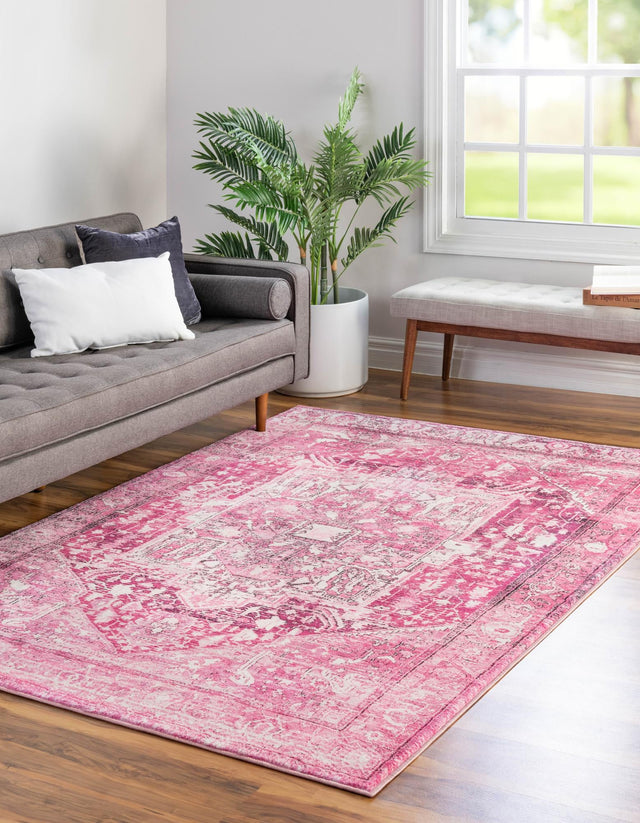 Washable Plumrose Pink 6' 7 x 9' Medina Rectangle Area Rug Easy to Clean Stain Resistant & Durable Polyester Classic Carpet for Home Decor & Design for Sale at Rug Engine