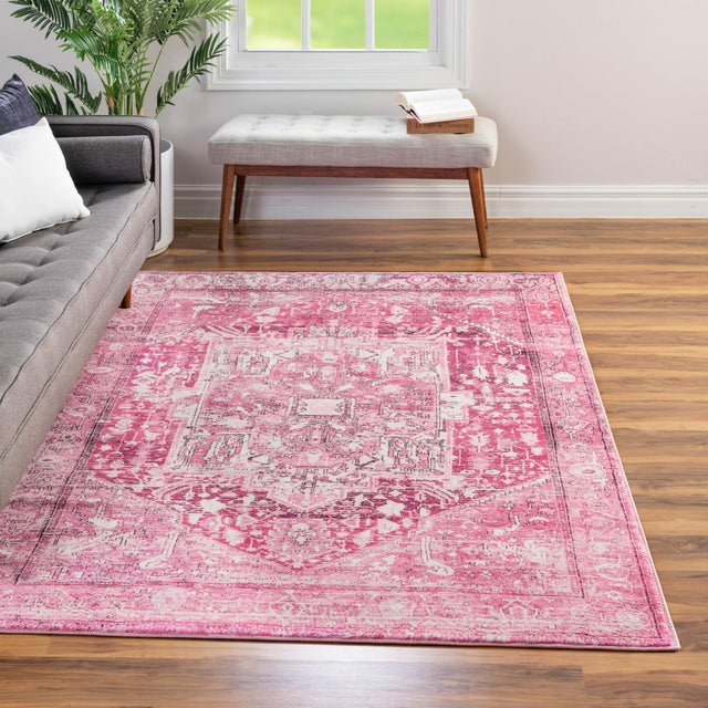 Washable Plumrose Pink 6' 7 x 9' Medina Rectangle Area Rug Easy to Clean Stain Resistant & Durable Polyester Classic Carpet for Home Decor & Design for Sale at Rug Engine