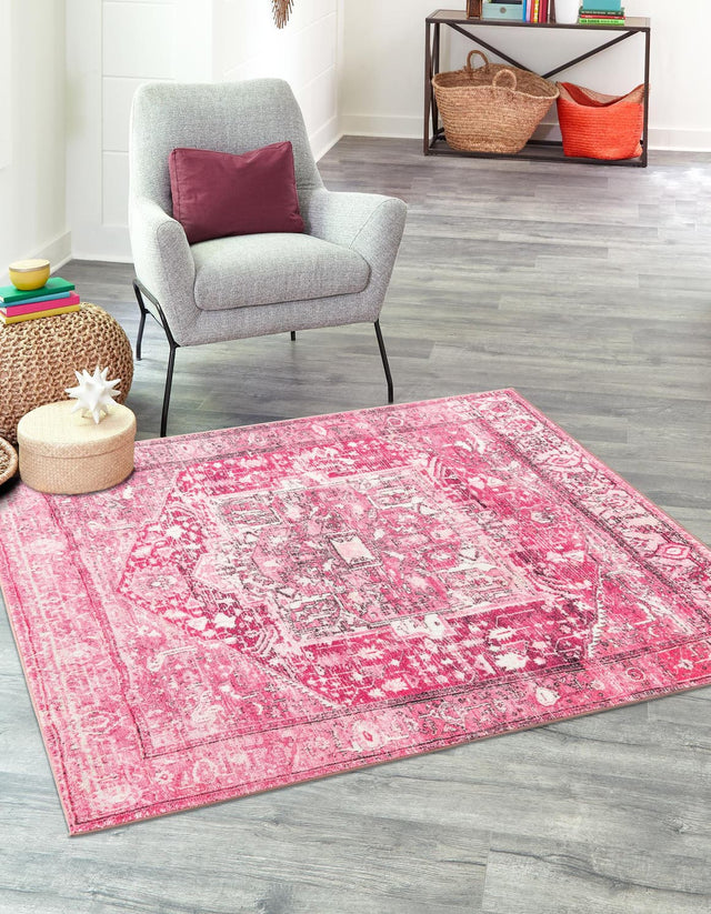 Washable Plumrose Pink 3' 3 x 3' 3 Medina Square Area Rug Easy to Clean Stain Resistant & Durable Polyester Classic Carpet for Home Decor & Design for Sale at Rug Engine