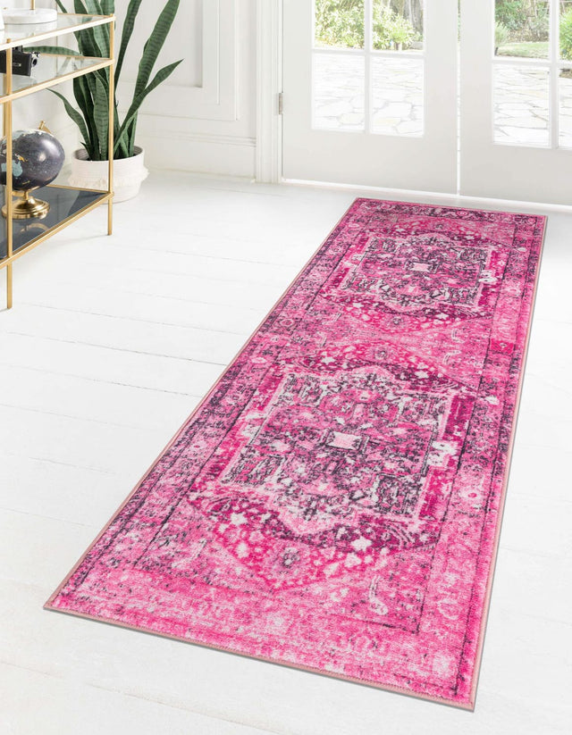 Washable Plumrose Pink 2' 2 x 10' Medina Runner Area Rug Easy to Clean Stain Resistant & Durable Polyester Classic Carpet for Home Decor & Design for Sale at Rug Engine