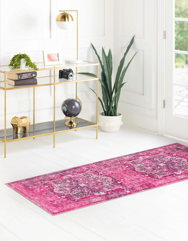 Washable Plumrose Pink 2' 7 x 13' Medina Runner Area Rug Easy to Clean Stain Resistant & Durable Polyester Classic Carpet for Home Decor & Design for Sale at Rug Engine