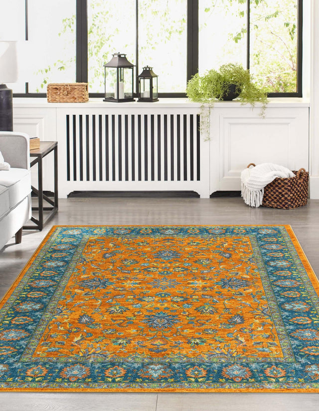 Washable Sunshine Yellow 6' 7 x 9' Medina Rectangle Area Rug Easy to Clean Stain Resistant & Durable Polyester Classic Carpet for Home Decor & Design for Sale at Rug Engine