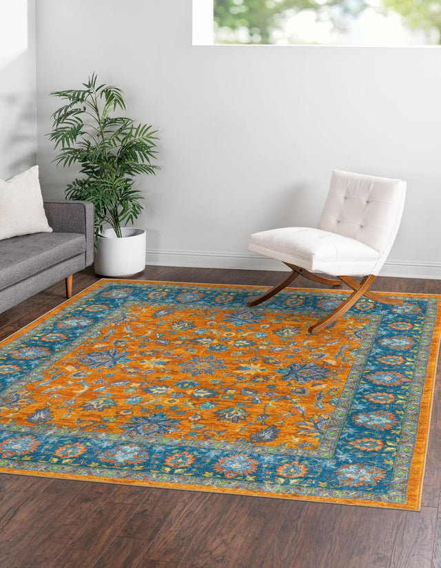 Washable Sunshine Yellow 7' 10 x 7' 10 Medina Square Area Rug Easy to Clean Stain Resistant & Durable Polyester Classic Carpet for Home Decor & Design for Sale at Rug Engine