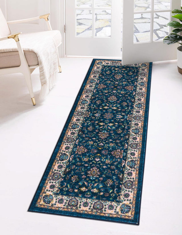 Washable Egyptian Blue 2' 7 x 13' Medina Runner Area Rug Easy to Clean Stain Resistant & Durable Polyester Classic Carpet for Home Decor & Design for Sale at Rug Engine