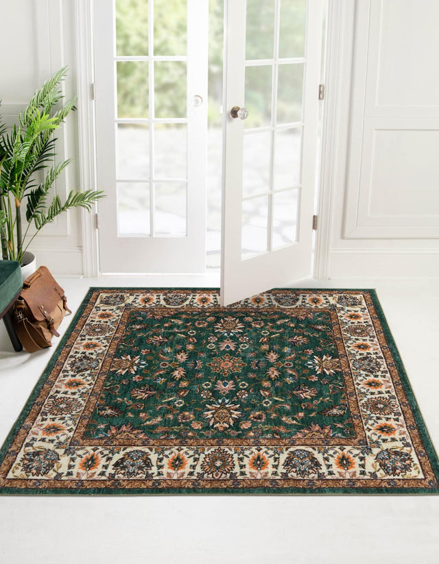 Washable Emerald Green 3' 3 x 3' 3 Medina Square Area Rug Easy to Clean Stain Resistant & Durable Polyester Classic Carpet for Home Decor & Design for Sale at Rug Engine