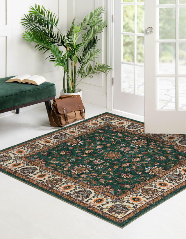 Washable Emerald Green 5' 3 x 5' 3 Medina Square Area Rug Easy to Clean Stain Resistant & Durable Polyester Classic Carpet for Home Decor & Design for Sale at Rug Engine
